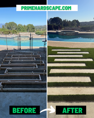 Synthetic Turf Installation with Concrete Steps & Gopher Wire — Tarzana, CA - Tarzana, CA — Artificial Grass Backyard with Concrete Steps and Gopher Mesh Protection
This Tarzana backyard was ready for a low-maintenance overhaul. The homeowners wanted usable green space year-round without the watering, mowing, or brown patches that come with natural lawn in the Valley heat — plus a safe, permanent way to get between grade levels in the yard.
We removed the existing lawn and excavated to depth, then installed galvanized gopher wire mesh across the entire turf area before backfilling. In this part of the San Fernando Valley, gophers will come up through synthetic turf and ruin an otherwise perfect install. The mesh is a step some contractors skip because it's buried and nobody sees it. We don't skip it.
From there we installed and compacted road base for drainage and a firm, level surface, laid the synthetic turf, seamed and secured it, then infilled and power-broomed the blades to stand up naturally.
The concrete steps were formed and poured on-site with proper footings and reinforcement — consistent riser height, a broom-textured non-slip finish, and clean edges that tie the turf area into the rest of the yard.
The result: a clean, pet- and kid-friendly backyard that stays green through summer, drains properly in winter, and needs almost no upkeep. Synthetic Turf Installation with Concrete Steps & Gopher Wire — Tarzana, CA - Tarzana, CA — Artificial Grass Backyard with Concrete Steps and Gopher Mesh Protection
This Tarzana backyard was ready for a low-maintenance overhaul. The homeowners wanted usable green space year-round without the watering, mowing, or brown patches that come with natural lawn in the Valley heat — plus a safe, permanent way to get between grade levels in the yard.
We removed the existing lawn and excavated to depth, then installed galvanized gopher wire mesh across the entire turf area before backfilling. In this part of the San Fernando Valley, gophers will come up through synthetic turf and ruin an otherwise perfect install. The mesh is a step some contractors skip because it's buried and nobody sees it. We don't skip it.
From there we installed and compacted road base for drainage and a firm, level surface, laid the synthetic turf, seamed and secured it, then infilled and power-broomed the blades to stand up naturally.
The concrete steps were formed and poured on-site with proper footings and reinforcement — consistent riser height, a broom-textured non-slip finish, and clean edges that tie the turf area into the rest of the yard.
The result: a clean, pet- and kid-friendly backyard that stays green through summer, drains properly in winter, and needs almost no upkeep.
