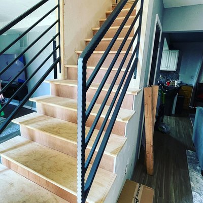 Custom handrails - 1 1/2” hammered square tube for top rail 3/4 center rails 1 1/2” square tube bottom rail custom build for stair system Custom handrails - 1 1/2” hammered square tube for top rail 3/4 center rails 1 1/2” square tube bottom rail custom build for stair system