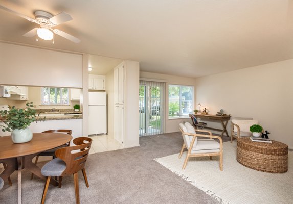 1x1 Floor Plan - Cozy 1-bedroom, 1-bath home offering 724 sq ft of living space, a kitchen with lots of cabinet space, and a private patio.