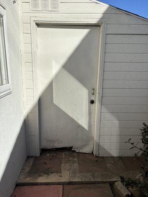 Replacing damaged door - This shed door had dry rot issues. The customer was having rodents coming in and out. I installed a pre hung fiberglass door, which comes with a threshold and added new hardware to make sure everything was sealed. Replacing damaged door - This shed door had dry rot issues. The customer was having rodents coming in and out. I installed a pre hung fiberglass door, which comes with a threshold and added new hardware to make sure everything was sealed.