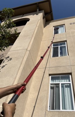High Reach Window Cleaning - * High Reach 5 story water fed poles
* Top rated 000 parts per million de-ionization for perfectly clear windows
* Our professional staff is highly trained to reach hard to get windows 
* Results are guaranteed to your satisfaction