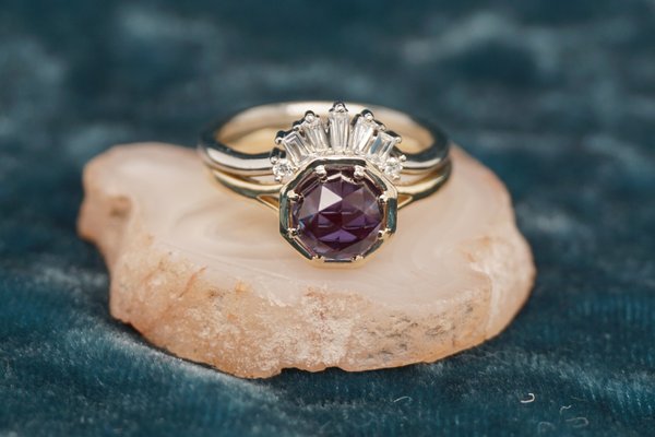 Custom Wedding Set - Custom designed wedding set with rose cut lab grown alexandrite center stone and lab grown diamond. This set is two toned, 14k yellow and and 14k white gold. The wedding band was designed to compliment the engagement ring and fit tightly next to it. Custom Wedding Set - Custom designed wedding set with rose cut lab grown alexandrite center stone and lab grown diamond. This set is two toned, 14k yellow and and 14k white gold. The wedding band was designed to compliment the engagement ring and fit tightly next to it.
