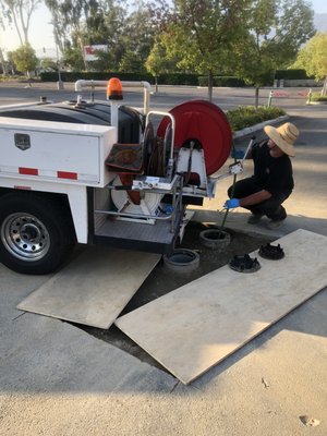 Commercial sewer repair and cleaning - This mall had a major sewer back up. We found an improperly installed clean out which did not allow us to gain proper access to clean the line. Dig Alert notified. We saw cut asphalt and excavated the area to expose the line. We installed all new clean outs to grade, backfilled and compacted the trench and hydrojetted the line to clean it properly. We had the asphalt replaced at the completion of our plumbing work and the parking lot opened back. All this emergency work was completed in less than one day! Commercial sewer repair and cleaning - This mall had a major sewer back up. We found an improperly installed clean out which did not allow us to gain proper access to clean the line. Dig Alert notified. We saw cut asphalt and excavated the area to expose the line. We installed all new clean outs to grade, backfilled and compacted the trench and hydrojetted the line to clean it properly. We had the asphalt replaced at the completion of our plumbing work and the parking lot opened back. All this emergency work was completed in less than one day!