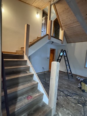 Staircase Railing Replacement - This staircase railing replacement was a real challenge due to the poor design and construction of the original staircase. We had to repair stringers, risers and treads, rebuild walls, reshape walls, add all new newel posts and inline posts and add structural blocking in order for our new staircase to be safe, secure and to flow naturally. The redesign concept was more difficult than the actual construction. Here are some photos of the beginning, middle and completion of the staircase railing system. Staircase Railing Replacement - This staircase railing replacement was a real challenge due to the poor design and construction of the original staircase. We had to repair stringers, risers and treads, rebuild walls, reshape walls, add all new newel posts and inline posts and add structural blocking in order for our new staircase to be safe, secure and to flow naturally. The redesign concept was more difficult than the actual construction. Here are some photos of the beginning, middle and completion of the staircase railing system.