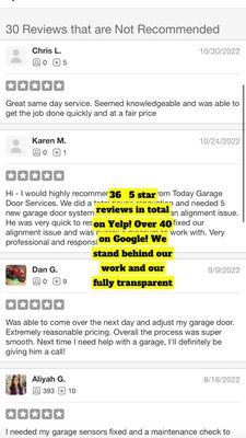 Highly Rated, see what our customers have to say - We strive to provide the highest level of service and repair solutions for all of our customers . We explain all your repair options often times saving you hundreds if not thousands. We utilize repair solutions that are high quality and effective to give you a safe reliable garage door ! Highly Rated, see what our customers have to say - We strive to provide the highest level of service and repair solutions for all of our customers . We explain all your repair options often times saving you hundreds if not thousands. We utilize repair solutions that are high quality and effective to give you a safe reliable garage door !