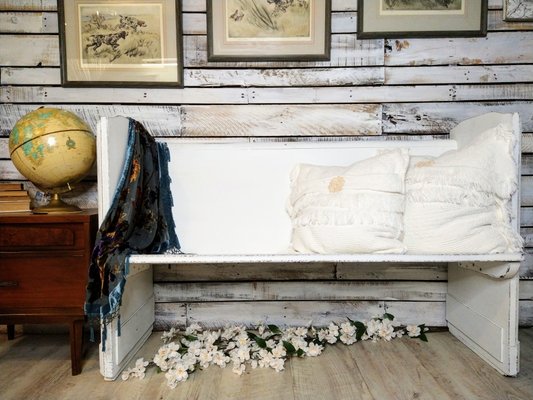 Reconstructed Bench Pew - This bench was originally twice the size in length. To make it a more practical fit in a home or space we chopped it in half and reattached the end side panel.
It's Approx. 4.5 ft. long and comfortable on the back
We salvaged four of these mohogany pews from an old church. This is the first one we refurbished and painted white. Reconstructed Bench Pew - This bench was originally twice the size in length. To make it a more practical fit in a home or space we chopped it in half and reattached the end side panel.
It's Approx. 4.5 ft. long and comfortable on the back
We salvaged four of these mohogany pews from an old church. This is the first one we refurbished and painted white.