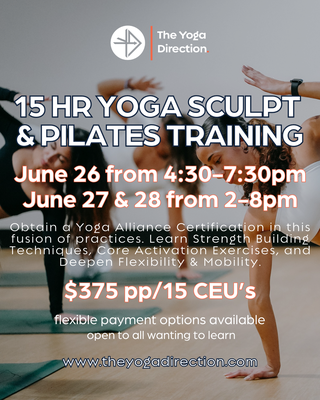 Pilates/ Sculpt Teacher Training - Sculpt and Pilates teacher training at The Yoga Direction yoga studio serving Davie and Pembroke Pines. This strength-based program blends Pilates core work, yoga movement, and functional fitness for dynamic studio classes.