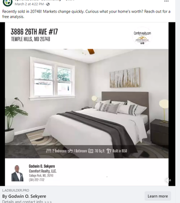 Sell Fast - This Property was just listed and sold; let me do the same for you. Call me now on 301-222-7732