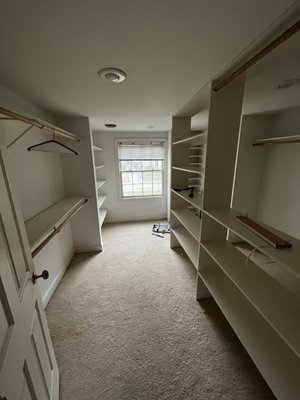 Closet Renovation. Mission KS - This remodel was in a closet where the customer got tired of looking at how the shelves were set up and decided to update it with new shelves, paint, carpet.
We took everything down, did drywall repairs, painted it all, and installed all these shelves! 
Looks beautiful!