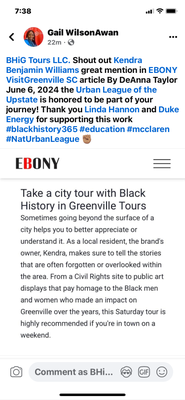 BHiG Tours - This tour includes visiting a Civil Rights site, a Historic church, and viewing public art honoring achievements in Black History, all while walking the downtown that is 
Greenville, South Carolina.