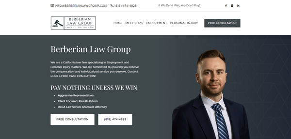 Berberian Law Group - This website fully developed and designed by Creative Pixel Studios in Webflow. It took about 2-3 weeks to complete with edits and content from the client. Mr. Berberian was happy with how it came out and is still a client with us today! Berberian Law Group - This website fully developed and designed by Creative Pixel Studios in Webflow. It took about 2-3 weeks to complete with edits and content from the client. Mr. Berberian was happy with how it came out and is still a client with us today!