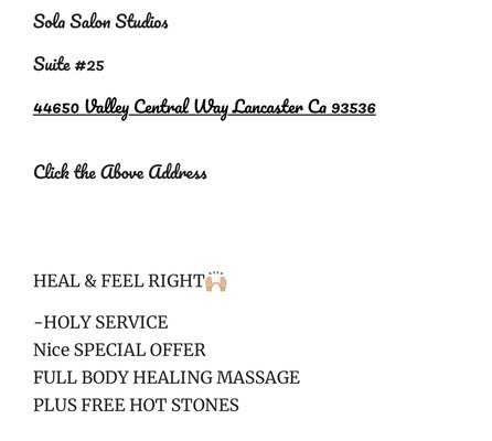 Holygifthealing.com - Please message me (626)-803-7537 before you are coming. By appointments only 

Booking available online holygifthealing.com