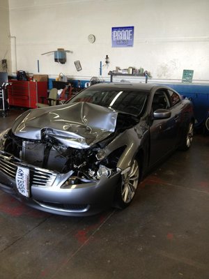 Infiniti G37 Collision - This Infiniti was hit hard in the front as you can see in the photo. We repaired to make like new in the matter of 2 weeks. The customer was very happy with the results. Infiniti G37 Collision - This Infiniti was hit hard in the front as you can see in the photo. We repaired to make like new in the matter of 2 weeks. The customer was very happy with the results.