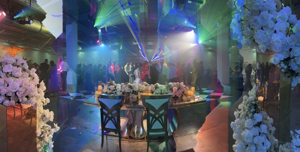 Wedding Dance Party - We had a wonderful time making amazing lighting designs and concepts for our client (Bride and Groom). We started with an empty room, and filled it with lighting beams, breakup images, haze, lighted dancefloors, ceiling textures, moving lights, and strobe lights.
