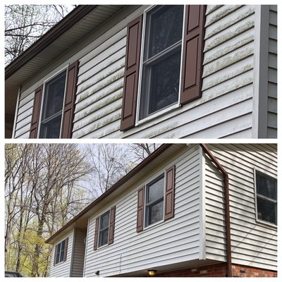 House Wash - This home was a typical dirty house when surrounded by trees. But after an appointment with us, we got the gutters free and clear of debris and the house spotless.