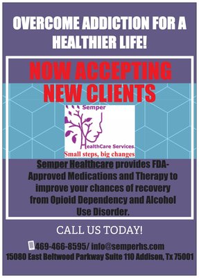 Opioid / Alcohol treatment and Mental health solutions , - Now accepting New patients for Opioid,/ Alcohol,covi9-19 PCR /RAPID tests and vaccines.
Semper healthcare Treatment Center provides professionally supervised Opiate Addiction maintenance with the use of Methadone as well as Suboxone. Opioid / Alcohol treatment and Mental health solutions , - Now accepting New patients for Opioid,/ Alcohol,covi9-19 PCR /RAPID tests and vaccines.
Semper healthcare Treatment Center provides professionally supervised Opiate Addiction maintenance with the use of Methadone as well as Suboxone.