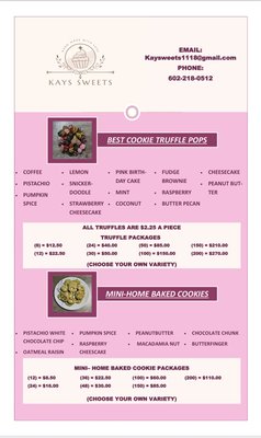 Kay’s Sweets menu - Check it out new things added to the menu call us today to make your order today. Kay’s Sweets menu - Check it out new things added to the menu call us today to make your order today.