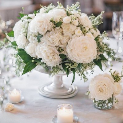 Wedding Rehearsal Centerpieces - For a client's wedding rehearsal dinner, our table centerpieces were designed to capture the essence of white Roman elegance. Each centerpiece featured pristine white flowers arranged in a classic, sophisticated style. Accented with lush greenery and delicate touches, the centerpieces brought a touch of timeless beauty to the tables. Soft candlelight complemented the floral arrangements, creating an intimate and enchanting ambiance that perfectly set the tone for the evening's celebrations. Wedding Rehearsal Centerpieces - For a client's wedding rehearsal dinner, our table centerpieces were designed to capture the essence of white Roman elegance. Each centerpiece featured pristine white flowers arranged in a classic, sophisticated style. Accented with lush greenery and delicate touches, the centerpieces brought a touch of timeless beauty to the tables. Soft candlelight complemented the floral arrangements, creating an intimate and enchanting ambiance that perfectly set the tone for the evening's celebrations.