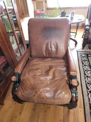 Before and After - Leather arm caps on armrests damaged. Replaced armrest leather and decorative nails.