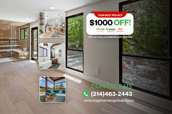 $1000 Off Your Next Project - Together Design & Build Dallas helps homeowners upgrade their spaces with thoughtful design, skilled craftsmanship, and a remodeling process that feels clear from start to finish. From kitchen and bathroom remodels to full interior renovations, their team creates spaces that are more beautiful, functional, and comfortable. Right now, homeowners can get $1,000 off any project. $1000 Off Your Next Project - Together Design & Build Dallas helps homeowners upgrade their spaces with thoughtful design, skilled craftsmanship, and a remodeling process that feels clear from start to finish. From kitchen and bathroom remodels to full interior renovations, their team creates spaces that are more beautiful, functional, and comfortable. Right now, homeowners can get $1,000 off any project.