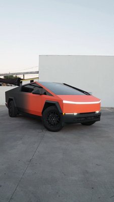 Cybertruck - Check out this Cybertruck wrapped in a striking black-to-orange gradient! This custom design creates a bold transition from dark to vibrant. Cybertruck - Check out this Cybertruck wrapped in a striking black-to-orange gradient! This custom design creates a bold transition from dark to vibrant.