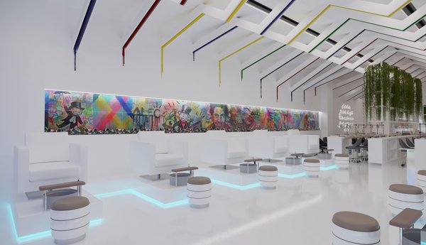 Interior design and visualization for a modern minimalistic beauty salon - This modern and colour-tipped design for a beauty salon is sure to make clients smile. The abundance of neutral white works with every other highlighting colour. This beauty salon’s interior design reflects a casual setting that is inviting and pleasing to the eye. The space marries white with almost all the colours of rainbow without looking stuffy or loud. The neon and pastel artwork on the back wall serves as the space’s true focal point which keeps it from looking boring.
The plants in the back provide a vivid contrast to the bright white. The modern minimalist furniture sets are to the point and look like they were created specifically for this interior. The interior is fresh, airy, and a bit clinical; a great combination for a beauty parlour in the heart of a fast-paced city. Interior design and visualization for a modern minimalistic beauty salon - This modern and colour-tipped design for a beauty salon is sure to make clients smile. The abundance of neutral white works with every other highlighting colour. This beauty salon’s interior design reflects a casual setting that is inviting and pleasing to the eye. The space marries white with almost all the colours of rainbow without looking stuffy or loud. The neon and pastel artwork on the back wall serves as the space’s true focal point which keeps it from looking boring.
The plants in the back provide a vivid contrast to the bright white. The modern minimalist furniture sets are to the point and look like they were created specifically for this interior. The interior is fresh, airy, and a bit clinical; a great combination for a beauty parlour in the heart of a fast-paced city.
