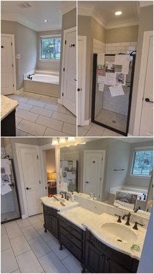 Bathroom Remodel - This was a bathroom that was in desperate need to be updated. It had a tiny walk in shower and a big jacuzzi tub that the older couple never liked using. We came in, laid new tile floors added a little nook bench and new vanity with some really nice vessel sinks, updated hardware and nice counter top. We took out the tub and added an eccentric walk in shower with enough room for both to shower at the same time. we stayed on budget and on time! Bathroom Remodel - This was a bathroom that was in desperate need to be updated. It had a tiny walk in shower and a big jacuzzi tub that the older couple never liked using. We came in, laid new tile floors added a little nook bench and new vanity with some really nice vessel sinks, updated hardware and nice counter top. We took out the tub and added an eccentric walk in shower with enough room for both to shower at the same time. we stayed on budget and on time!
