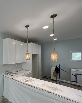Pendant Lighting Install - This part of a project is the installation of two pendant lights for a new countertop space. We built the fixtures, set the length of both pendants exactly the same distance from countertop, wired in devices & we buttoned up the cover creating another fine job done by Sand Dollar Energy LLC! Pendant Lighting Install - This part of a project is the installation of two pendant lights for a new countertop space. We built the fixtures, set the length of both pendants exactly the same distance from countertop, wired in devices & we buttoned up the cover creating another fine job done by Sand Dollar Energy LLC!