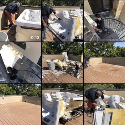 Hot tub demo and removal off 3rd story rooftop perch - down spiral stairs and then more stairs coming down through inside the home! No prob! - Hot tub demo and removal off 3rd story rooftop perch - down spiral stairs and then more stairs coming down through inside the home! No damage, super happy customers! Hot tub demo and removal off 3rd story rooftop perch - down spiral stairs and then more stairs coming down through inside the home! No prob! - Hot tub demo and removal off 3rd story rooftop perch - down spiral stairs and then more stairs coming down through inside the home! No damage, super happy customers!