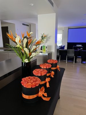 Private corporate Event - This was a last minute corporate event that we did that followed the orange color pallet theme that matched with the companies colors. It was a very minimalistic design that fit with the overall theme. All in all it turned out perfectly and our clients were very pleased. Private corporate Event - This was a last minute corporate event that we did that followed the orange color pallet theme that matched with the companies colors. It was a very minimalistic design that fit with the overall theme. All in all it turned out perfectly and our clients were very pleased.