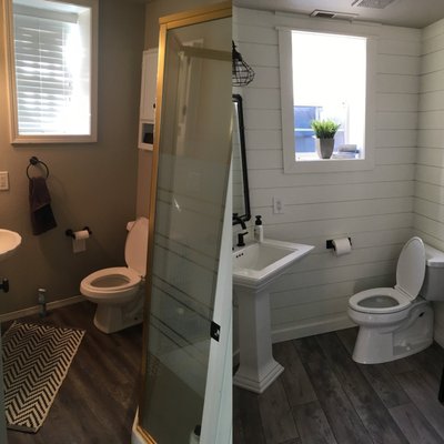 Bathroom Remodel - This Bathroom remodel was a renovation to update the look and functionality. Everything was replaced with a corner shower that was deleted to make this guest bathroom spacious. Bathroom Remodel - This Bathroom remodel was a renovation to update the look and functionality. Everything was replaced with a corner shower that was deleted to make this guest bathroom spacious.