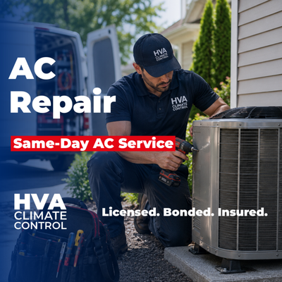 ❄️ AC Repair Service - Fast, reliable AC repair to restore comfort in your home.

At HVA Climate Control, we diagnose and fix issues quickly to get your system running efficiently again.
Same-day service available. Contact us today✅