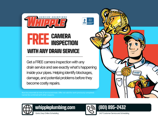 Free camera inspection with drain service! - Get a FREE camera inspection with any drain service and see exactly what's happening inside your pipes. Helping identify blockages, damage, and potential problems before they become costly repairs. Free camera inspection with drain service! - Get a FREE camera inspection with any drain service and see exactly what's happening inside your pipes. Helping identify blockages, damage, and potential problems before they become costly repairs.