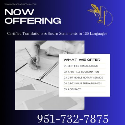USCIS Certified Document Translations - Need a document translated for USCIS or international use? Dot & Dash Mobile Notary offers USCIS-compliant certified document translations for birth certificates, marriage certificates, divorce decrees, death certificates, passports, academic records, police clearances, and more.
Each translation includes a signed Certificate of Translation Accuracy to meet USCIS certification requirements. If your document also needs an apostille, we can coordinate both services, helping simplify the process and saving you time. Likewise, if you already have an apostilled document that needs to be translated for use in another country, we can assist with that as well.
Whether you need a certified translation, an apostille, or both, we’re here to help make the process smooth, accurate, and stress-free. Contact Dot & Dash Mobile Notary today for a personalized quote. USCIS Certified Document Translations - Need a document translated for USCIS or international use? Dot & Dash Mobile Notary offers USCIS-compliant certified document translations for birth certificates, marriage certificates, divorce decrees, death certificates, passports, academic records, police clearances, and more.
Each translation includes a signed Certificate of Translation Accuracy to meet USCIS certification requirements. If your document also needs an apostille, we can coordinate both services, helping simplify the process and saving you time. Likewise, if you already have an apostilled document that needs to be translated for use in another country, we can assist with that as well.
Whether you need a certified translation, an apostille, or both, we’re here to help make the process smooth, accurate, and stress-free. Contact Dot & Dash Mobile Notary today for a personalized quote.