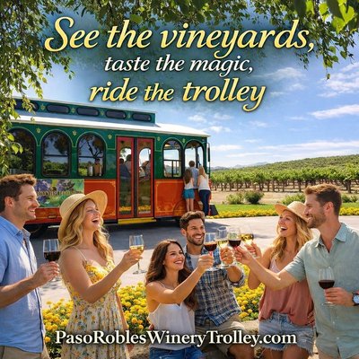 Classic Trolley Tours - Step aboard our vintage trolley with up to 14 guests and meet new friends! Enjoy an unforgettable 5–6-hour Wine Country adventure: Start with a complimentary prosecco toast, then visit 3 hand-picked wineries for exclusive tastings (one with a great lunch option), scenic views, and lively conversation.
Included: Vintage trolley ride, complimentary prosecco send-off, water & snacks, knowledgeable guide, round-trip transportation from downtown Paso Robles (10:30 AM departure) Classic Trolley Tours - Step aboard our vintage trolley with up to 14 guests and meet new friends! Enjoy an unforgettable 5–6-hour Wine Country adventure: Start with a complimentary prosecco toast, then visit 3 hand-picked wineries for exclusive tastings (one with a great lunch option), scenic views, and lively conversation.
Included: Vintage trolley ride, complimentary prosecco send-off, water & snacks, knowledgeable guide, round-trip transportation from downtown Paso Robles (10:30 AM departure)