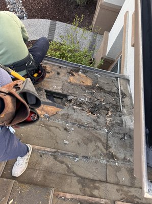 Tile roof repair - We repaired a roof leak caused by improper flashing installation, which led to dry rot affecting the framing and plywood. Replaced damaged wood, installed peel-and-stick underlayment, and extended the flashing to ensure proper drainage and durability. Tile roof repair - We repaired a roof leak caused by improper flashing installation, which led to dry rot affecting the framing and plywood. Replaced damaged wood, installed peel-and-stick underlayment, and extended the flashing to ensure proper drainage and durability.