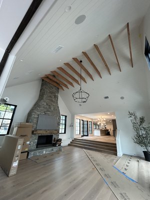 Del Mar Interior - The transformation on this house was amazing. They went from darker colors throughout the entire house to lots of whites and lighter colors. The vaulted white ceilings with the raw wood really gave it a pop and gave it a real "wow" finish. The main color throughout the majority of the house was painted using Sherwin Williams Super Paint Interior Velvet in the color Sherwin Williams Snowbound. The vaulted ceilings were painted in the same Super Paint Interior Velvet product and color, Snowbound. The rest of the main color ceilings were painted using Sherwin Williams Promar 400 Flat in the color Sherwin Williams Snowbound. The Windows and the inside of the exterior doors were painted using Sherwin Williams Emerald Urethane Satin in the color Sherwin Williams Black Magic. Del Mar Interior - The transformation on this house was amazing. They went from darker colors throughout the entire house to lots of whites and lighter colors. The vaulted white ceilings with the raw wood really gave it a pop and gave it a real "wow" finish. The main color throughout the majority of the house was painted using Sherwin Williams Super Paint Interior Velvet in the color Sherwin Williams Snowbound. The vaulted ceilings were painted in the same Super Paint Interior Velvet product and color, Snowbound. The rest of the main color ceilings were painted using Sherwin Williams Promar 400 Flat in the color Sherwin Williams Snowbound. The Windows and the inside of the exterior doors were painted using Sherwin Williams Emerald Urethane Satin in the color Sherwin Williams Black Magic.