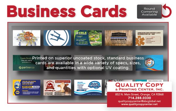 Business Cards - Printed on superior uncoated stock, standard business cards are available in a wide variety of specs, sizes, and quantities with optional UV coating. Business Cards - Printed on superior uncoated stock, standard business cards are available in a wide variety of specs, sizes, and quantities with optional UV coating.