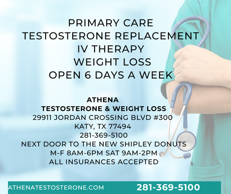 TESTOSTERONE, PELLETS, WEIGHT LOSS AND IV - We create individualized care plans designed to help you feel stronger, healthier, and more balanced from the inside out. Whether you’re optimizing hormones, managing weight, or boosting energy with IV therapy, Athena is your partner in long-term wellness—supporting your body, mind, and overall quality of life every step of the way.
