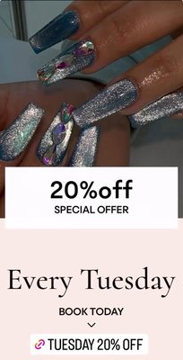TUESDAY 20% OFF ALL GEL SERVICES - 20% OFF on all of our services every Tuesday. 
BOOK yours TODAY!!
*applies for all Gel Services*