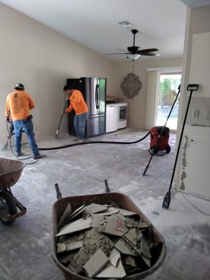 Dustless Tile Removal - "This was a dustless tile removal done on a kitchen. Dustless tile removal is the process of removing tile while minimizing the number of harmful particulates that escape into the air thanks to an innovative vacuum attachment on the tile removal tools. This dust pollution left behind from traditional tile removal methods may contain materials that cause health problems such as silicosis and/or exacerbate numerous other medical conditions through being continually inhaled."