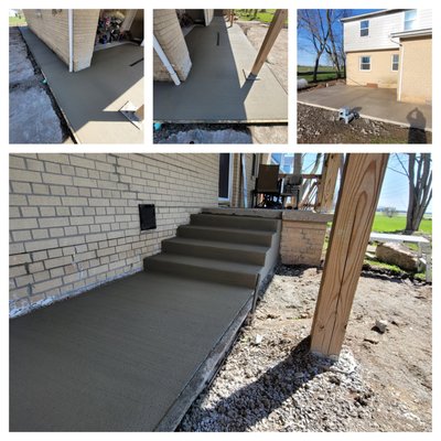 Wrap Around Walkway with Drainage and New Steps plus a Large Pad in Backyard - Cambria, NY - This project didn't need any stamping or coloring but it required some detailed tear out replacements all the way around the home. We completely tore out the old steps and walkway leading to the garage then rebuilt it all from the ground up. At the entrance of the garage we had to install a drainage system and grate to pull the water away from the garage entrance. The walkway was then continued around the side of the house and to the backyard. In the back we added a large but simple brushed gray surface pour to replace the worn yard and add a great level surface to make better use of the back of the home.