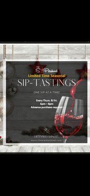 Seasonal SIP Tasting Experience - Sip-sational Seasons Greetings,
Join us on select Thurs & Fri evenings from 6pm - 8pm at The SIPstahood Winery Tasting Room! Limited seasonal SIP tastings to explore our curated worldly wines & customized blends accompanied by hors d'oeuvres to enhance the sensory examination, evaluation, experience and tasting notes!
Seating is limited and advanced purchase is required via Eventbrite: https://www.eventbrite.com/e/seasonal-sip-tasting-tickets-472175588897 Seasonal SIP Tasting Experience - Sip-sational Seasons Greetings,
Join us on select Thurs & Fri evenings from 6pm - 8pm at The SIPstahood Winery Tasting Room! Limited seasonal SIP tastings to explore our curated worldly wines & customized blends accompanied by hors d'oeuvres to enhance the sensory examination, evaluation, experience and tasting notes!
Seating is limited and advanced purchase is required via Eventbrite: https://www.eventbrite.com/e/seasonal-sip-tasting-tickets-472175588897