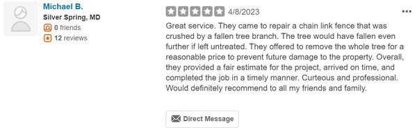 Feedback from Yelp user - Old fence fell down, customer ask fix it very quickly . Our company fix it in 4 hours ! Nice result