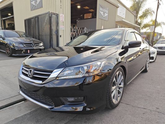 2015 Honda Accord Repair - This Honda Accord came in for repairs. We went ahead and replaced the hood, front bumper cover, left head lamp, left fender, and grille for this vehicle. Vehicle is looking great and is ready to be back on the road.