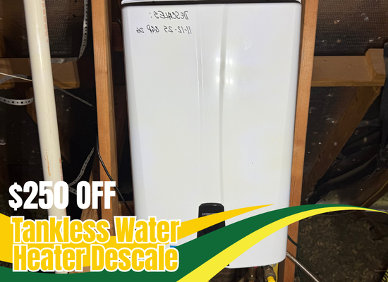 $250 Off Tankless water heater descale - Tankless water heaters are known for energy efficiency. Get your tanked water heater performing at its best with a regular descaling at $250 OFF. Tankless water heaters eventually need to be cleaned and descaled to keep them in tip top shape. Save money on energy efficiency, and always have hot water on demand. Call us today. We serve you in  Cypress, Spring, Katy, Hockley, Waller, Houston and nearby areas.

Also, ask us about: water heater repair, drain clogs, faucet repair, leak detection, and plumbing contractors.