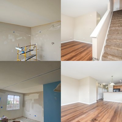 Minooka complete repaint - The homeowner was preparing to list the property for sale and, due to its poor condition, requested wall repairs followed by a full repaint of all walls, ceilings, trim, doors, and closets. Additionally, luxury vinyl plank (LVP) flooring was to be installed on the first floor. The entire project was completed under a strict 7-day timeline. And it was contingent within 48hrs. Minooka complete repaint - The homeowner was preparing to list the property for sale and, due to its poor condition, requested wall repairs followed by a full repaint of all walls, ceilings, trim, doors, and closets. Additionally, luxury vinyl plank (LVP) flooring was to be installed on the first floor. The entire project was completed under a strict 7-day timeline. And it was contingent within 48hrs.