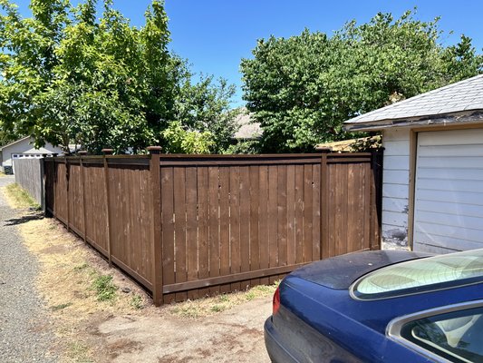 Fence build and stain - Removed existing fence and built new cedar fence with 3 gates and staining on large property. Also added new concrete sidewalk. Fence build and stain - Removed existing fence and built new cedar fence with 3 gates and staining on large property. Also added new concrete sidewalk.