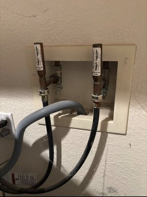 Seized Washer Hot and Cold Valves - Installed new hot and cold washer valves. Customer opted for only new valve upgrades and did not want the new box and valve combo. Seized Washer Hot and Cold Valves - Installed new hot and cold washer valves. Customer opted for only new valve upgrades and did not want the new box and valve combo.