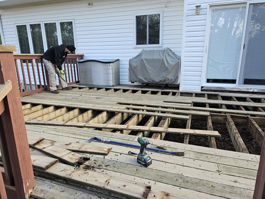 New Cedar Deck boards Installation - Client wanted to update there deck . Existing boards were old, weathered, and rotten. The railings were still in good condition. We replaced all boards with new 5/4"x6" cedar deck boards for a beautiful, natural look